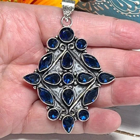 London Blue Topaz Pendant Gemstone Crystal Handmade 925 Silver Bohemian Ethnic - Picture 5 of 10